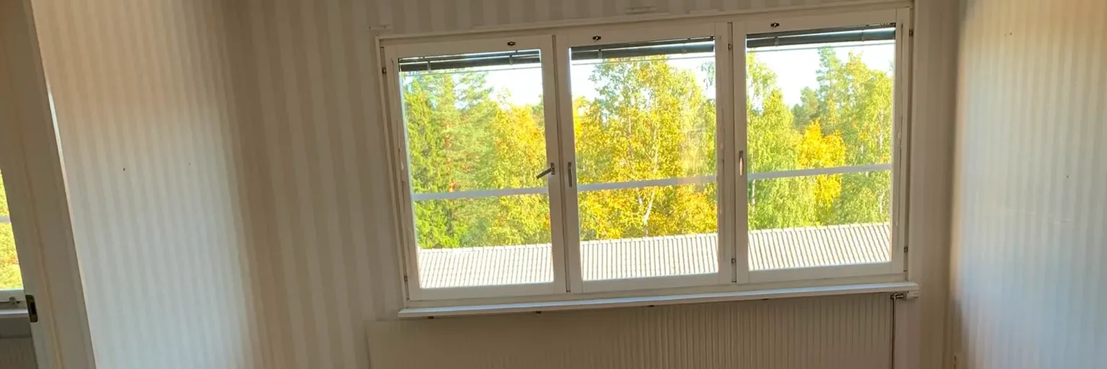 Nystädat rum med fönster mot höstskogen efter flyttstädning