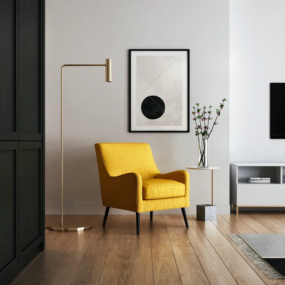 Living room with a yellow armchair after cleaning