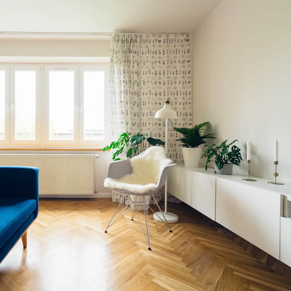 Bright room with large windows and plants
